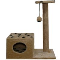 Когтеточка домик с полкой на основании квадратная мех джут коричневый с игрушкой 37*68*80см/DONBARON