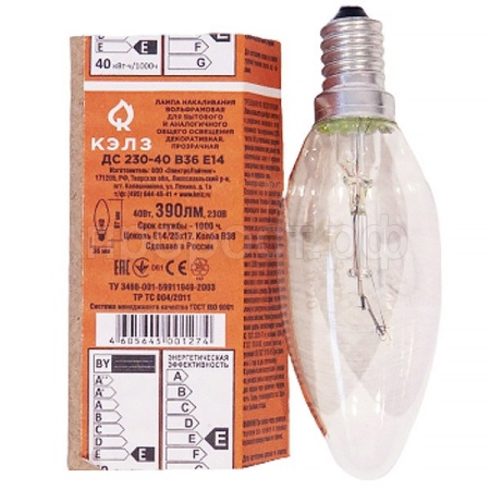 Лампа накаливания свеча КЭЛЗ ДС 230-40 В36 Е14