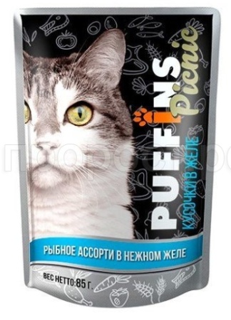 Корм для кошек Пуффинс пикник 85г ЖЕЛЕ рыбное ассорти Корм для кошек Пуффинс пикник 85г ЖЕЛЕ рыбное ассорти