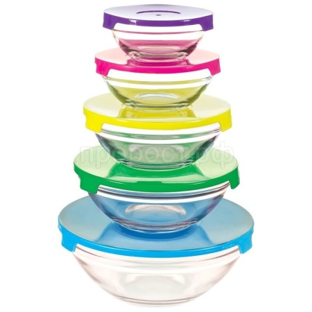 Набор стекл. мисок INSALATO 5шт (150+210+360+510+920мл) с пластиковыми крышками/12шт/007177/Mallony