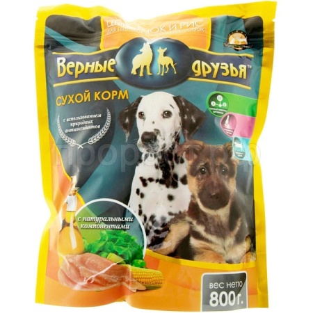 Корм для собак Верные друзья 800гр для щенков, молодых собак цыпленок/рис сухой Корм для собак Верные друзья 800гр для щенков, молодых собак цыпленок/рис сухой